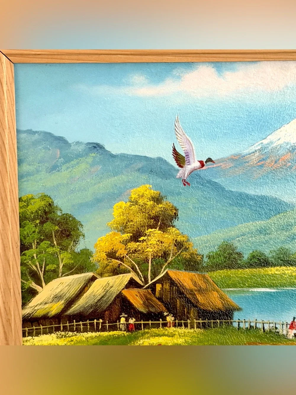 Tropical Crane Mountains River Scene Picture Print Ducks Huts Wall Hanging Art